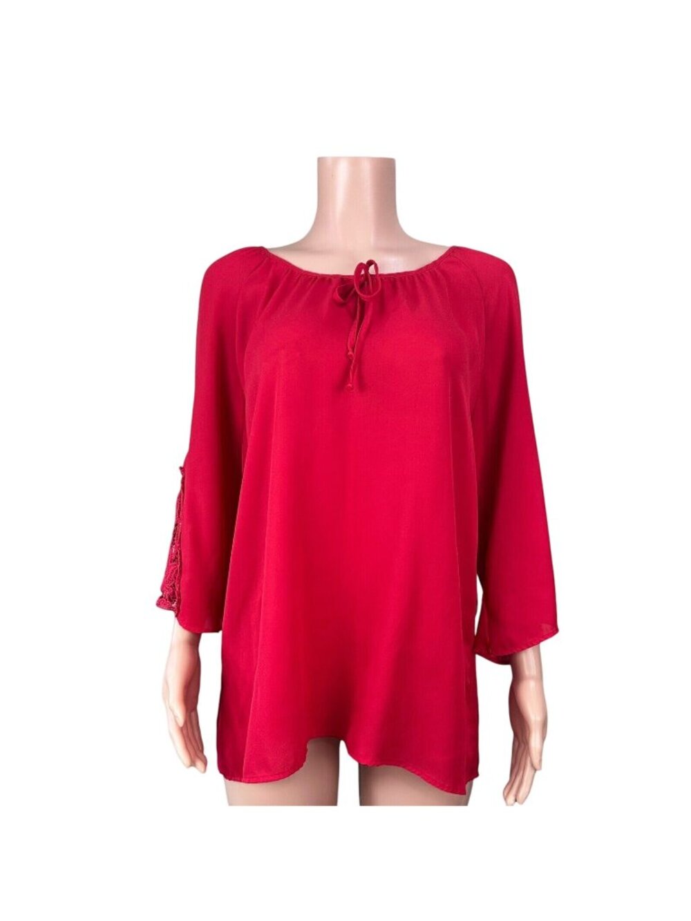 Tacera Womens SZ 1X Red Chiffon Top Blouse -Lace 3/4 Sleeve-Bow Tie -Round Neck